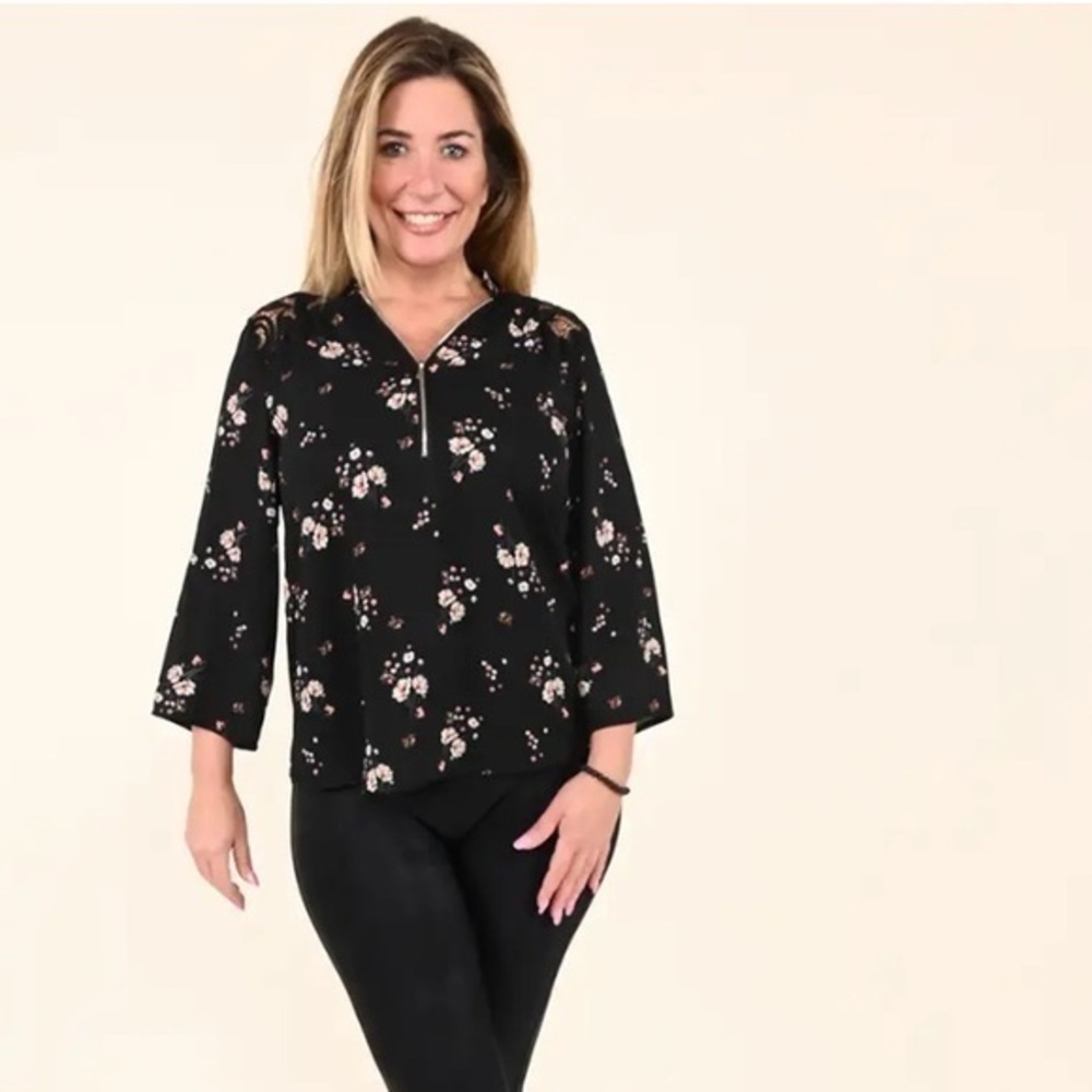 Blouse 3/4 Sleeve with Lace Zipper Trim Floral Print Size XLarge